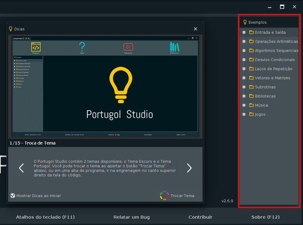 Árvore de Exemplos do Portugol Studio